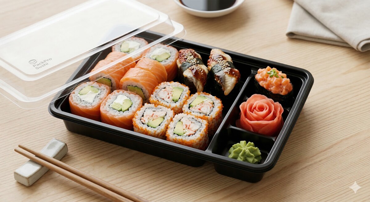 Контейнер для суші Sushi Tara — чорний бокс із прозорою кришкою та секціями для соусів